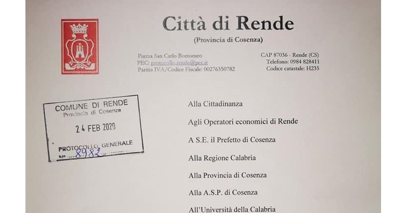 LOTTA AL CORONAVIRUS: ECCO L&#039;ORDINANZA DEL SINDACO DI RENDE